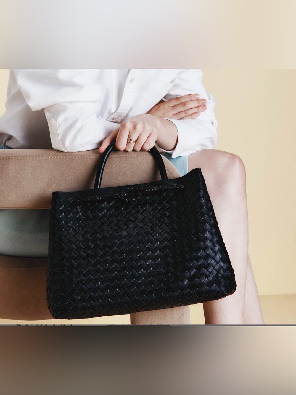 Quince Black Woven Leather Tote with Braided Shoulder Straps - Picture 2 of 16
